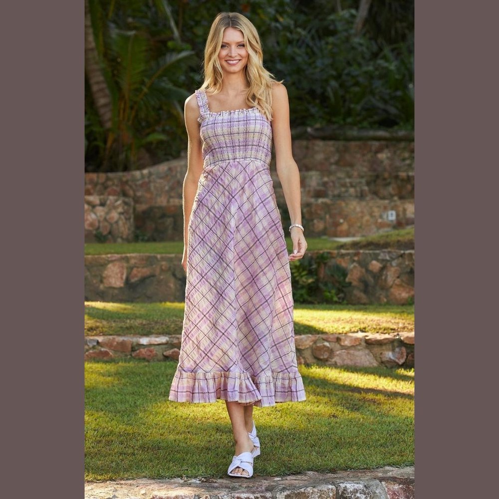 BOSTON PROPER SMOCKED PLAID SEERSUCKER DRESS SIZE: XS